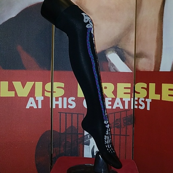 Too Fast Blue & Purple Sugar Skull Art Skelton Leg Bones 19" Rolled Knee Socks - Picture 6 of 8